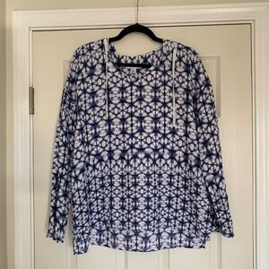 Pure Navy Linen Hooded Pullover Shirt Sz.M Geometric Beach Coastal Travel Resort